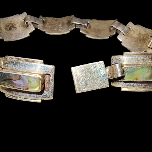 Vintage Taxco Signed Sterling Silver & Abalone Link Bracelet Size 6 1/2 - Picture 8 of 10